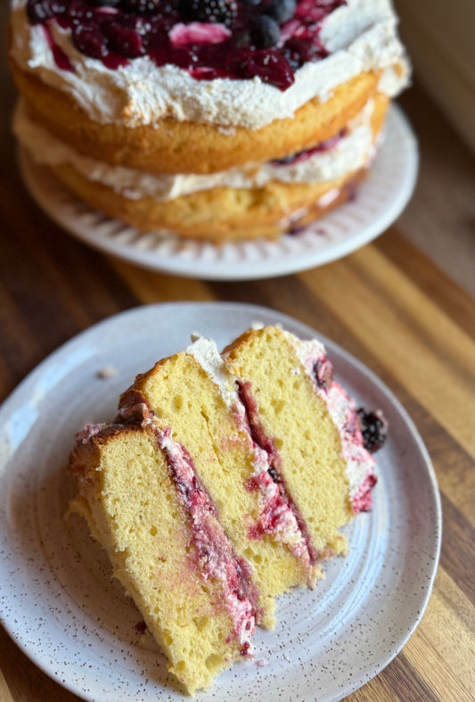 Butter Cake with Buttercream Icing and Mixed Berry Compote